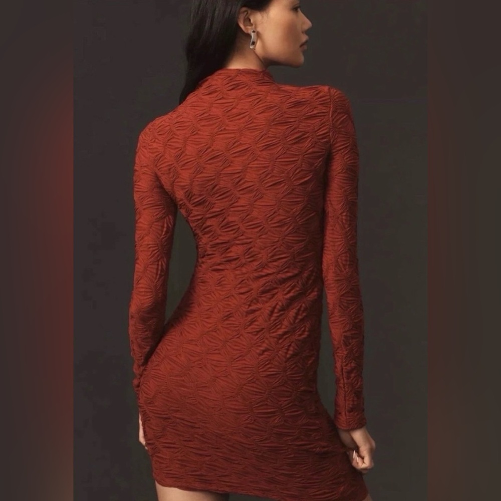 Anthropologie Maeve Long Sleeve Scrunch Textured Mini Dress Wine M NWT - Picture 3 of 6